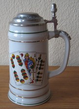 Bierkrug Porzellan Skatkarten Motiv Zinndeckel