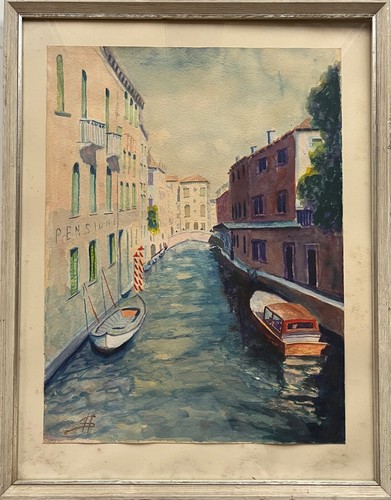 Aquarell canal mit motorbooten - canal,