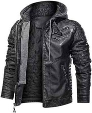 Herren Distressed Schwarz Kapuze Motorradfahrer Echtleder Jacke Abnehmbare