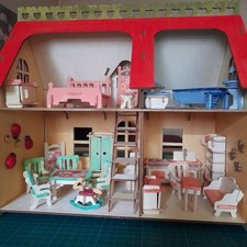 Puppenhaus, Komplett,32x20x30cm,4Zimmer, 2Etagen, Holz, Neu, Möbel, 2Puppen