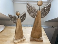 Holz-Engel Metall-Flügel Glitzer Deko-Figur Weihnachten Skulptur