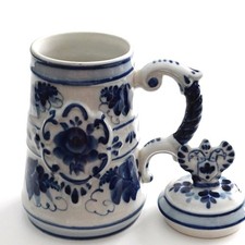 Gzhel Porzellan Bier Krug mit Deckel handbemalt signiert ГжельRussland