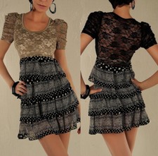 Mini Kleid VOLANT Spitze Punkt Streifen Stufen Lagenlook 32 34 36 38 XXXS XS S M