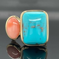 RING  GR. 18 (CA.56) 375/- GG MIT TÜRKIS STAB. & TIEFSEEKORALLE  SCHMUCKJAGD