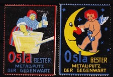 2 Vintage Plakat Briefmarken OSLA Metallputz - Best Metal Polish of the Present /42