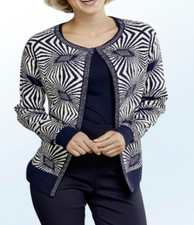 Damen Strickjacke in Jacquard-Dessin blau-Sand mit Strasszier 36-52 