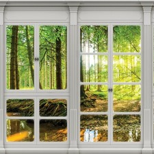 FENSTERBLICK 3D Fototapete Fenster Natur Wald Landschaft VLIES TAPETE XXL 822