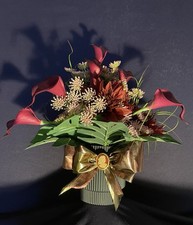 Elegantes Seidenblumen Gesteck  Weinrot Cala Astern Gräser  44cm X 35 Cm