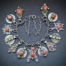 Antikes Silber Collier Kette Berber Fibula Tribal Emaille Koralle Afrika um 1920