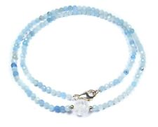 Aquamarin Kette 45+5 cm facettierte Kugelform mit Bergkristall-Perle 925 Silber