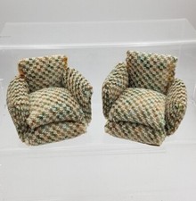 Vintage Puppenstube hausgemacht Handarbeit Sofa Sessel mit Hundezahn Muster