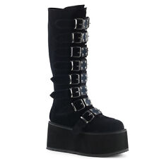 DAMNED-318 Damenia Damen Plateaustiefel schwarz Samt 8 Riemen Metallplatten