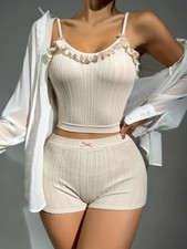 Damen Pyjama Set Spitze Rippstrick Sexy Zweiteiler Unterwäsche Nachtwäsche S-XL