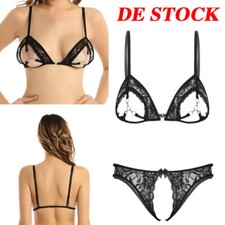 DE Damen Sexy Dessous Set Spitze Brustfreier BH Offener Schritt Unterwäsche Club