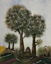 BÄUME original Aquarell Zeichnung mit Rahmen Baum Landschaft Natur Wald