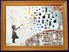Original Gemälde Wandbild nach Banksy "Girl with hearts" Street Art signiert