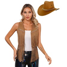 DE Damen Western Cowgirl Kostüm Wildleder Weste mit Fransen Cowboyhut Outfits