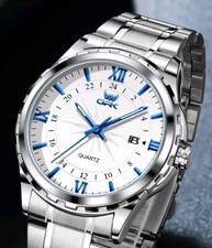 Elegante OPK Herren Armbanduhr 40mm Weiß Silber mit blauen Zeigern