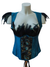 Edle Burlesque-Corsage Blau, rückseitige Schnürung Korsage Korsett mit Federn