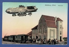 Mühlberg a. Elbe 1909, Bahnhof und Luftschiff