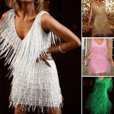 Damen Ärmelloses Paillettenkleid Pailletten-Quasten-Abschlussballkleid  ↷ ↷