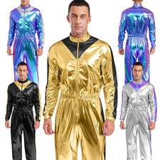 DE Männer Unitarden Katzenanzug Bodysuit Glänzend Pullover Farbe Block Clubwear