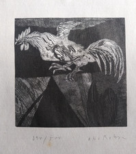 Otto Rohse (1925-2016), signierter Holzstich, Hahn auf dem Dach 391/500