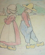 Liebespaar mit Klotschen Holzschuhe Ostfriesland Gemälde Monogramm Boppard 1909