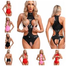 DE Damen Wetlook Body Neckholder Top und Offener Schritt Stringbody Clubwear