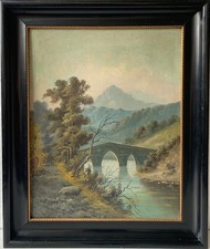 Ölbild Spätromantiker Landschaft mit Brücke Schleiflack Bilderrahmen Schwarz