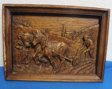 ?alt massiv Holz Wand Relief Bild Bauern Ernte handgeschnitzt A. Mariot sign.