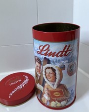 Lindt / Lindor Metalldose 9,5 cm Durchmesser, 16 cm hoch, Winter-Motiv Skilift