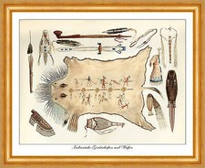 Indianische Waffen und Geräte Bisonfell Kunst Redskin A3 Goldrahmen Indianer 422