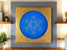 50x50cm Metatrons Würfel Kunstwerk "Goldene Weisheit auf Königsblau" Handgemalt 