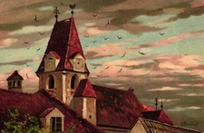 Dorf, Kirche, Vögel, sign. Mailick, um 1900/05