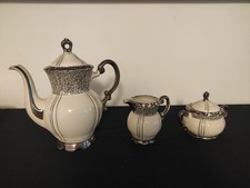 Porzellan Mitterteich Bavaria Silberdekor Kaffeekanne, Zuckerdose, Milchkännchen