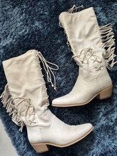 Hippie Sommer Stiefel, Beige, Fransen, Seitlicher Reißverschluss , Gr 39