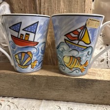 2 Tassen set bunt, Schiffe, Fische, Maritim