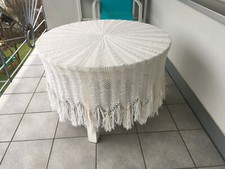 Handarbeit Kunststrick runde Tischdecke handgestrickt cremeweiß Vintage