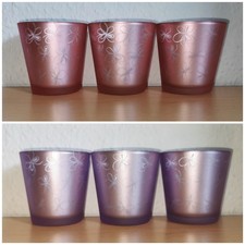 3 Glasteelichthalter in rosa oder lila mit floralem Dekor von  home by Tchibo 