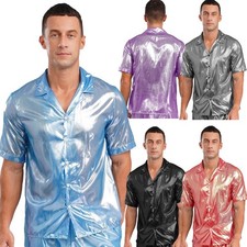 DE Herren Hemd Top Umlegekragen Kurzarm Shirts Glanz Blusen Freizeit Beachwear