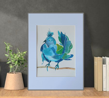 Original Aquarell Gemälde Kunstwerk Vogel Bluebird Mit Rahmen Unikat A4 Modern