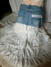 ITALY M 38 40 IBiZA Spitze Volant Jeans Blau Maxi Rock Perlen Bestickt Dame k525