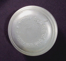 Puppenküche alte Brotdose " Unser Täglich Brot .. "  Weißblech D6cm Kaufladen