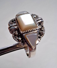 Ring Silber 925 Vintage weißes Perlmutt und Markasiten Gr. 54 / 17,2 mm
