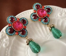 ROYAL STYLE FARBIGE STRASSSTEINE OHRHÄNGER GRÜN/PINK OHRSTECKER OHRRINGE VERGOLD