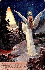 AK WEIHNACHTEN ENGEL VOR EINEM DORF IN DER NACHT COL. 1905