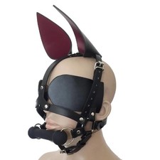 Kunstleder-Pony-Girl-Harness-Kopfstück-mit-Ohren-Lidschatten-Bit-Gag-Fetisch