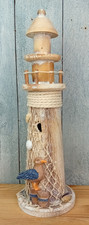Deko Holz Leuchtturm im Treibholz Look Möwe Fischernetz Muscheln Höhe 36cm