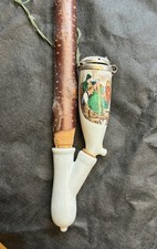 Antike bayerische Gesteckpfeife / Jägerpfeife mit handbemaltem Porzellankopf